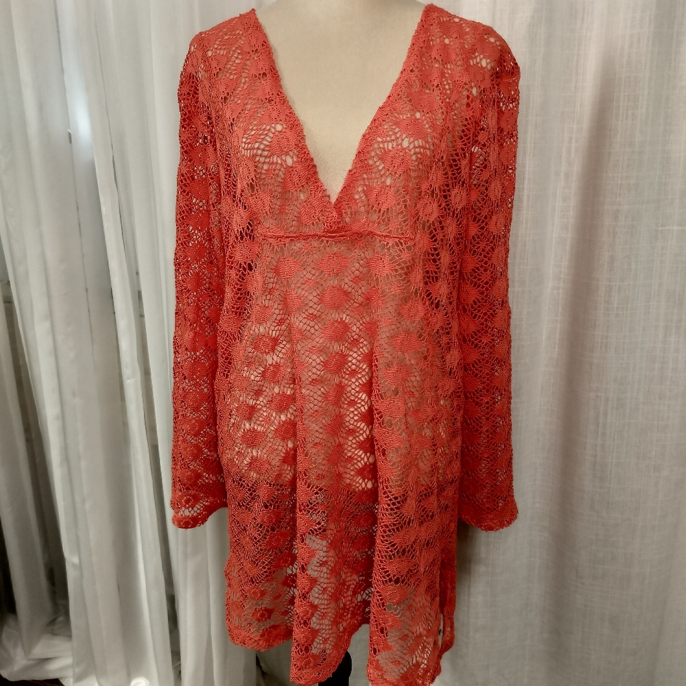 2/$30 Pacific Beach Crochet Coral Bathing Suit Coverup‎ Size XL Summer Swim